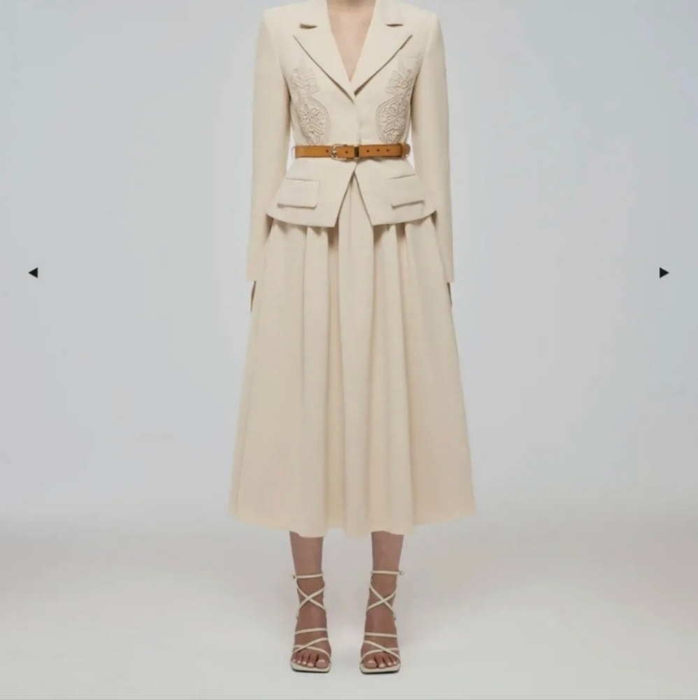 Self-Portrait Beige Tailored Crepe Lace Detail Midi Dress US Size 6